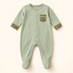 Pale sage footed sleepsuit with geometric accents