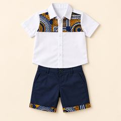 Boys' navy shorts and African-print shirt set