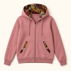 Women's dusty-rose Ankara-trim zip-up hoodie