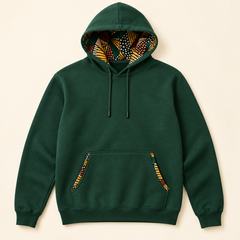 Forest-green hoodie with Ankara trim