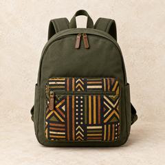 Olive canvas backpack with African-print pocket