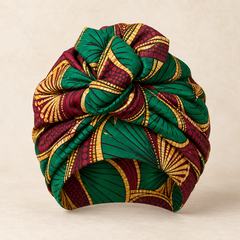Pre-tied emerald, gold and burgundy wax headwrap