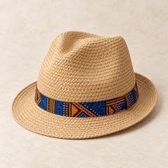 Tan woven fedora with African-print band