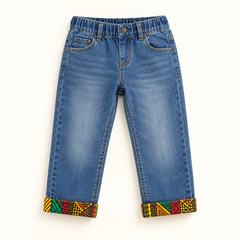 Children's blue jeans with African-print cuffs