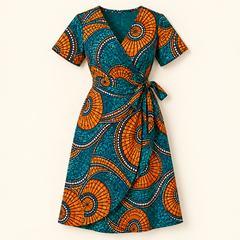 Teal and orange African-print wrap dress